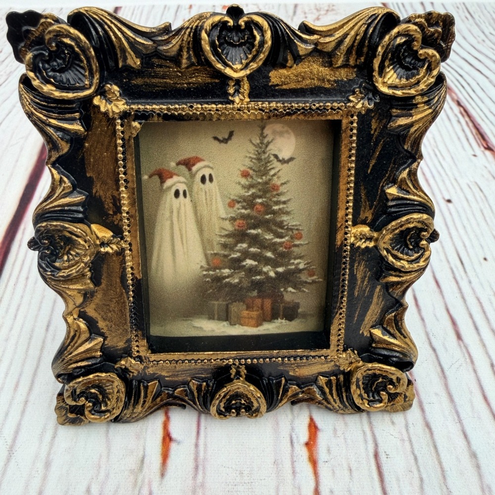 Christmas Ghost Art Print Ornate Gold Black Resin Frame Gothic Holiday Decor